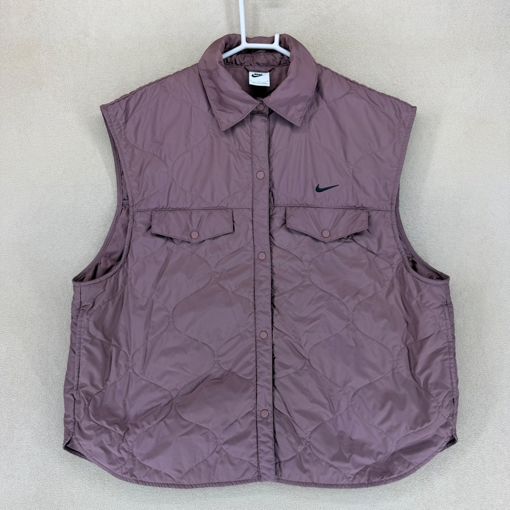 Nike Quilted Sleeveless Vest Purple Full Snap Button Pockets Women L Lightweight